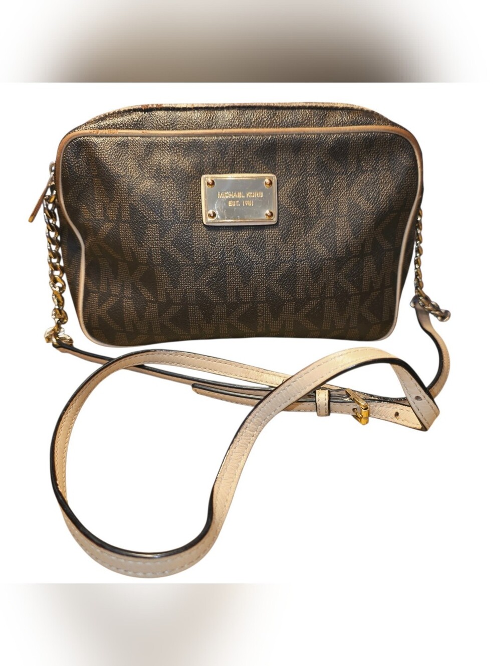 MICHAEL KORS "JET SET" All Over Signature MK Print Brown Coated Canvas Purse
